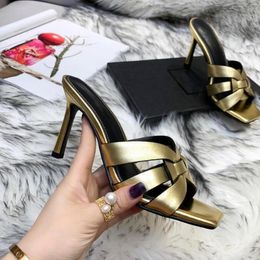 Brand Women slipper sandal shoes luxury designer shoes black tribute genuine leather sandals slide stiletto Heels fashion footwear