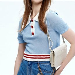 519 2022 Summer Kint Cardigan Short Sleeve Lapel Neck Brand Same Style Sweater White Blue Plaid Luxury Womens Clothes yl