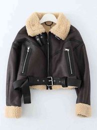 Ailegogo Winter Women Streetwear Faux Lamb Leather Fur Short Jacket with Belt Moto Biker Thick Warm Sheepskin Coat Outwear L220728