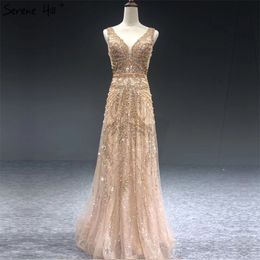 Dubai Gold ALine Luxury Evening Dresses VNeck Pearls Crystal Sleeveless Fromal Gown Serene Hill LA70287 201114