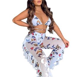 Women's Tracksuits See-Through Women's Beach Bra Trousers Deep V-Neck Butterfly Printed Clothes Lace-up Tops Loose Flowing Pants Summer