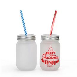 Drinkware Mugs Clear Glass Water Bottle Thermal Transfer Coffee Mug with straw and Lid Frosted Handle Cup