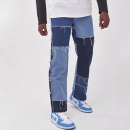 Jeans da uomo Uomo Lavaggio Giuntura Casual Pantaloni dritti con nappe patchwork Moda maschile Streetwear Pantaloni larghi in denim hip-hop Pantaloni da uomo