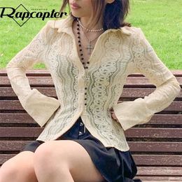 Ropter y2k Lace Crop Top See Through Button T Shirt Cute Full Sleeve Turn Down Collar Elegant Tee Women Retro Korean Chic 220407