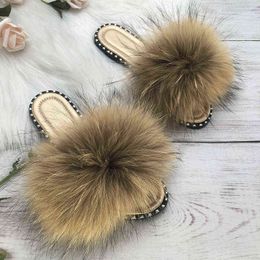 fox fur slippers Canada - Real Fox Fur Slides House Furry Fur Slippers Summer Fluffy Flip Flops Women Gold Shoes Home 2022 Size 35 36 37 38 39 40 41 42 43