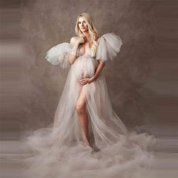 Elegant Soft Tulle Maternity Dresses Sleeveless Puffy Long Sexy See Through Custom Made Tulle Maternity Robes For Photography 210319