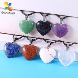 Natural Stone 20mm heart Shape Pendant Reiki Healing Crystal Tiger Eye Rose Quartz Amethyst Agate Aventurines Necklace For Women Jewellery