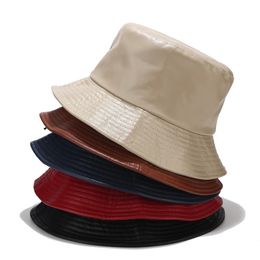 Women Men Fashion Bucket Hat PU Leather Fishing Cap Solid Colour Foldable Hiking Hat Hip-Hop Street Waterproof Panama Hats Cap 220812