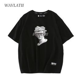 WAVLATII Women Fashion Sculpture Pattern T shirts Female Black Casual Tees Lady Short Sleeve Tops for Summer WT2202 220511