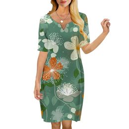 Women Dress Vintage Flowers 3D Printed VNeck Loose Casual Short Sleeve Shift Dress for Female Dresses Green Dress 220616