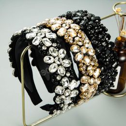 Fashion Women Hairband Wide Side Headband Flower Rhinestone Headwear Adult Luxurious Hair Accessories