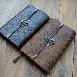 Embossed Pattern Soft Leather Travel Notebook with lock Key Diary Notepad Kraft Paper for Business Sketching Writing 220401