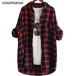 VogorSean Cotton Women Blouse Shirt Plaid Loose Casual Plaid Long sleeve Large size Tops Womens Blouses red green LJ200812