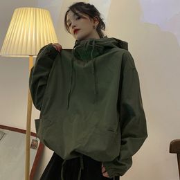 Women's Hoodies Sweatshirts Military Green Tooling Sweatshirt Spring Loose Casual Fashion Lazy Thin Style Top 230206