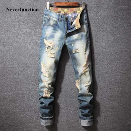 Men Ripped Vintage Blue Slim Fit Straight Jeans Trousers Hip Hop Streetwear Fashion Destroyed Holes Denim Pants Plus Size 40