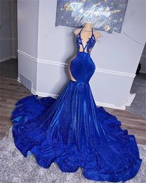 Royal Blue Prom Dresses Mermaid 2022 robe de soirée de mariage Halter Neck Sequins Bridal Party Reception Wear Evening Gowns