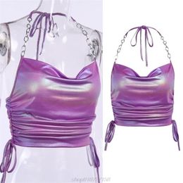 Women Summer Ruched Drawstring Halter Crop Top Glitter Metallic Holographic Camisole Sexy Backless Metal Chain M04 21 Dropship 220318