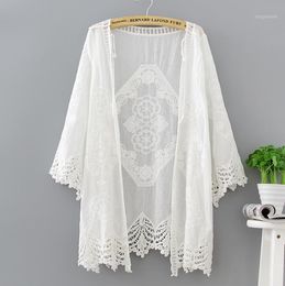 Women's Trench Coats 2022 Beach Summer Sexy Women Casual Boho Kimono Cardigan White Lace Organza Loose Printed Blouse Shirt Plus Size Tops B