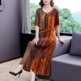 Casual Dresses Round Neck Ethnic Style Retro Print Dress Mulberry Silk Maxi Office Lady Women Elegant Party SkirtCasual