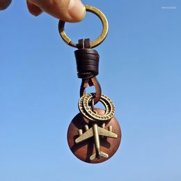 Keychains Vintage Key Chain Handmade Leather Keychain Round Wood Bronze Aeroplane Pendant Car Ring Emel22