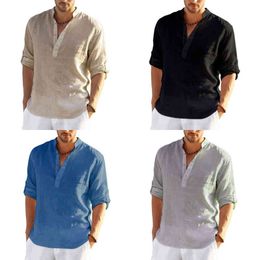 2022 New Men's Linen Long Sleeve T-Shirt Solid Color Loose Casual T-Shirt Long Sleeve Cotton Linen Shirt Plus Size Y220606