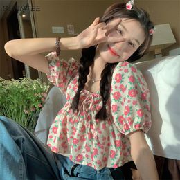 Women's Blouses & Shirts Floral Women Baggy Lovely Girls Summer Sweet Style Streetwear Lace-up Design Female Puff Sleeve Blusas Crops Basic