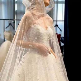 wedding veils stars UK - Bridal Veils Bling Cloak Wedding Veil Cape White Shiny Glittering Stars Moon Long Cathedral Sequins Shawl Hooded Accessories