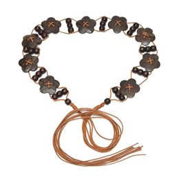 wood belts NZ - Belts Vintage Handmade Knitted Wax Rope Wood Flower Long Chain Belt Bohemian Style Woman Beads Shell DecoratationBelts