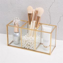 Nordic Transparent Painting Grid Glass Flip Storage Tank Box Luxury Modern Cosmetics Container Makeup Brush 210309