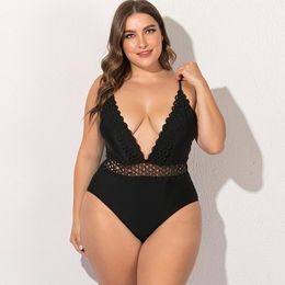 Women's Plus Size Tracksuits High Waist V Neck Swimsuits Push Up One Piece Swim Suit For Women Swimwear Mesh Insert Bathing Suits Black 5XLW