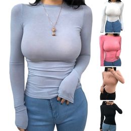 Women O-Neck Thin T-Shirt Plain Solid Color Perspective Pullover Tops Casual Autumn Long Sleeve Bodycon Stretch Basic Tee 220402