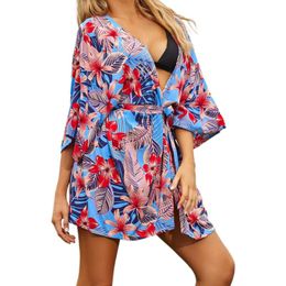 Women's Swimwear Women 3/4 Sleeves Short Bikini Cover Up Colourful Tropical Leaves Floral Printed Kimono Cardigan Belted Waist BeachwearWomen