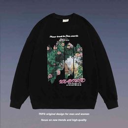 Tkpa American Photo Round Neck Sweater Men's and Women's Black Oversize Long Sleeve Autumn Winter 2022