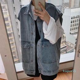 Casual Oversize loose jean vest coat women Basic cool denim sleeveless jacket female Streetwear vintage waistcoats big pocket1275h