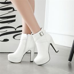 Womens Ankle Platform High Heels Zipper Round Toe Winter Ladies White Apricot Black Boots Woman New Shoes 201103