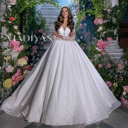 Modest Ball Gown 2022 Wedding Dresses Long Sleeve Lace Appliqued Shiny Sequined Beaded Vestido de Noiva Bridal Gowns