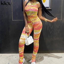 Kliou women tie dye print sporty matching set sleeveless tank tops leggings stretchy tracksuit skinny streetwear bodycon outfits LJ201125