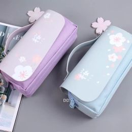 Pencil Bag PU Leather Pen Case Kawaii Stationery Ruler Pouch for School Girl Sweet Eraser Holder Gift Box Flowers