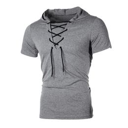 Men T Shirt Summer Personality Hooded Tees Lacing Short Sleeve TShirt Homme Slim Fit Sportwear Clothing Mens Tshirt MY104 220526