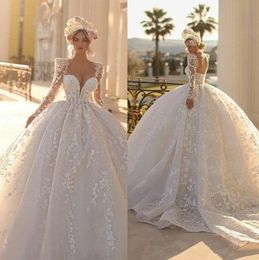 Princess Ball Gown Wedding Dress Deep Heavy Lace Appliques Bridal Gowns Custom Hand Made Long Sleeve Bride Dresses