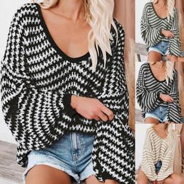 Women's Sweaters Modern Striped Oversized Pullover Tops Lantern Sleeve Knitted Sweater Ladies V-Neck For PartyWomen's