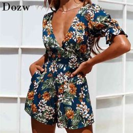 Boho Style Floral Playsuit Women Summer Sexy Deep V Neck Beach Playsuits Back Hollow Out Holiday Romper Female 210515