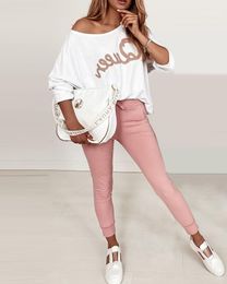 Women's Two Piece Pants White O Neck Long Sleeve Letter Print Bro And Short Casual Lady Fashion Tracksuits High Street OutfitsWomen's