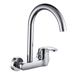 SHAI Wall Mounted Kitchen Faucet Hot & Cold Water Mixer 360 Degree Rotation Brass Basin Faucets Ceramic Plate Spool Water Tap T200424