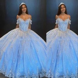 Sky Blue Quinceanera Dresses 2022 Tulle Off The Shoulder Spaghetti Straps Floor Length Lace Applique Corset Back Pageant Prom Party Ball Gown Vestidos 401 401