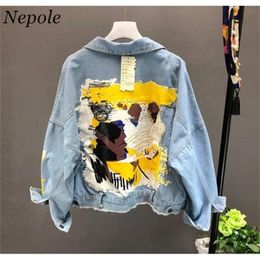 Neploe Hand-painted Pattern Chic Coat Letters Print Cool Girl Denim Jacket Spring Autumn Fashion Pockets BF Outwear T200212