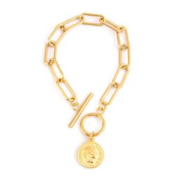 Charm Bracelets 100% Stainless Steel Coin Medalla Toggle Bracelet For Women Gold/Silver Colour Metal Pulseras MujerCharm