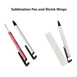 2022 2 IN 1 Sublimation Pens with Shrink Wraps Cartridge DIY Blanks Phone Holders Thermal Heat Transfer White Ballpoint Gel Pen Wholesale Unique Gifts for Students