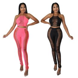 Women's Two Piece Pants Sexy Fringe Ribbed Club Outfit Summer Sets Women Halter Crop Top And Long See Through Night Party Clubwear 2022Women