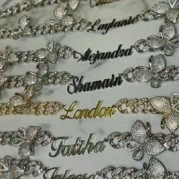 Custom Name 9MM Butterfly Cuban Link chain Namplate Pink Butterflys choker Cz Punk Miami Link Bling Bling Jewellery For Gift